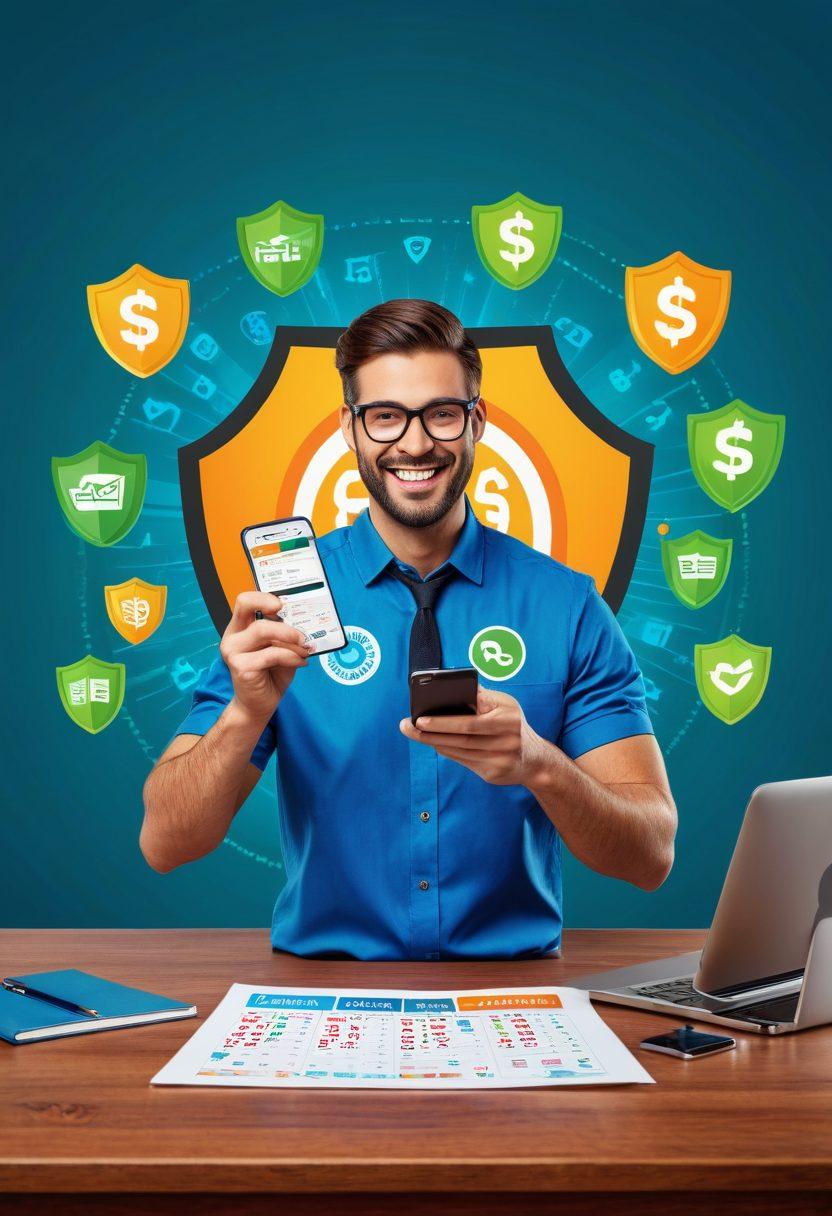 A friendly, smiling person holding a smartphone that shows a payday loan approval screen, with secure shield icons surrounding them. Background includes quick cash symbols, a bank, and a calendar hinting at instant transactions. Vibrant colors. super-realistic.